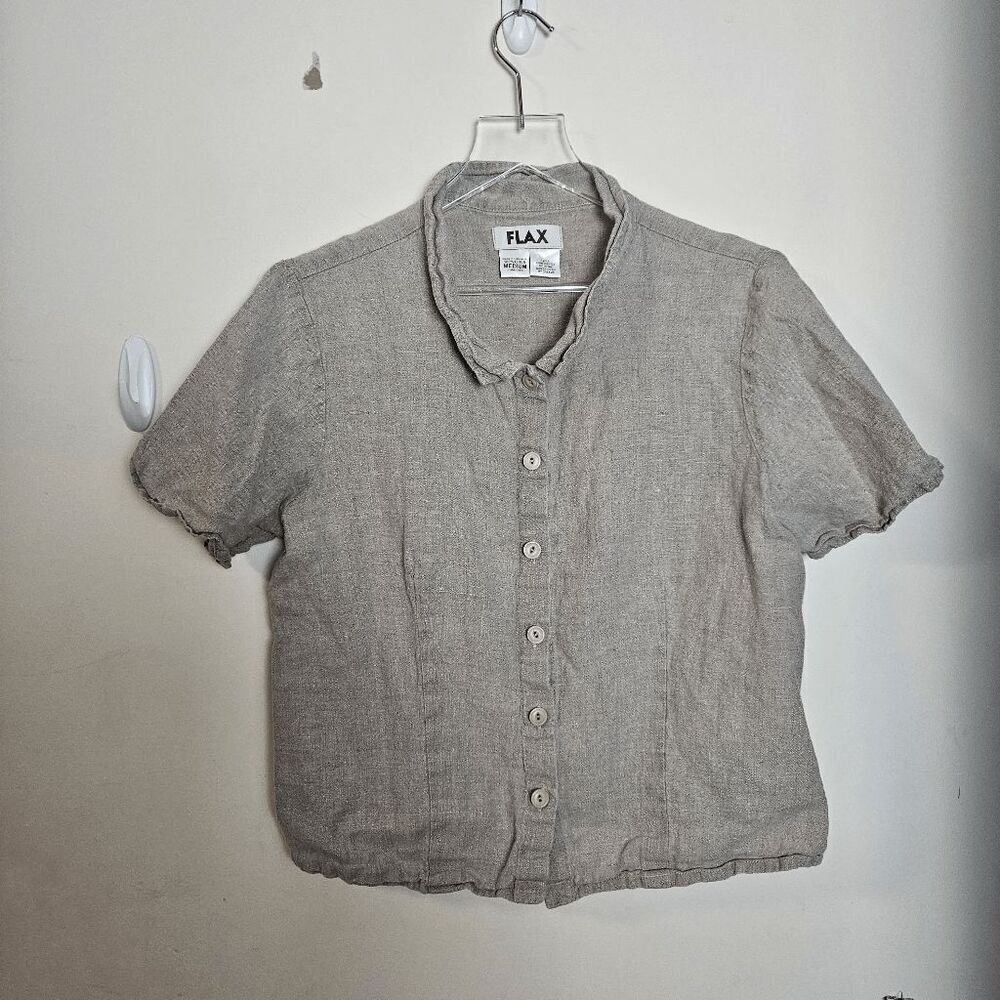 Flax 100% Linen Short Sleeve Button Down Cropped Shirt Women's Beige Gray Size M
